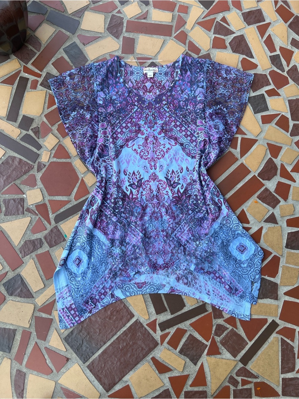 Paisley Print Flutter-Sleeve Tunic in Blue & Purple
